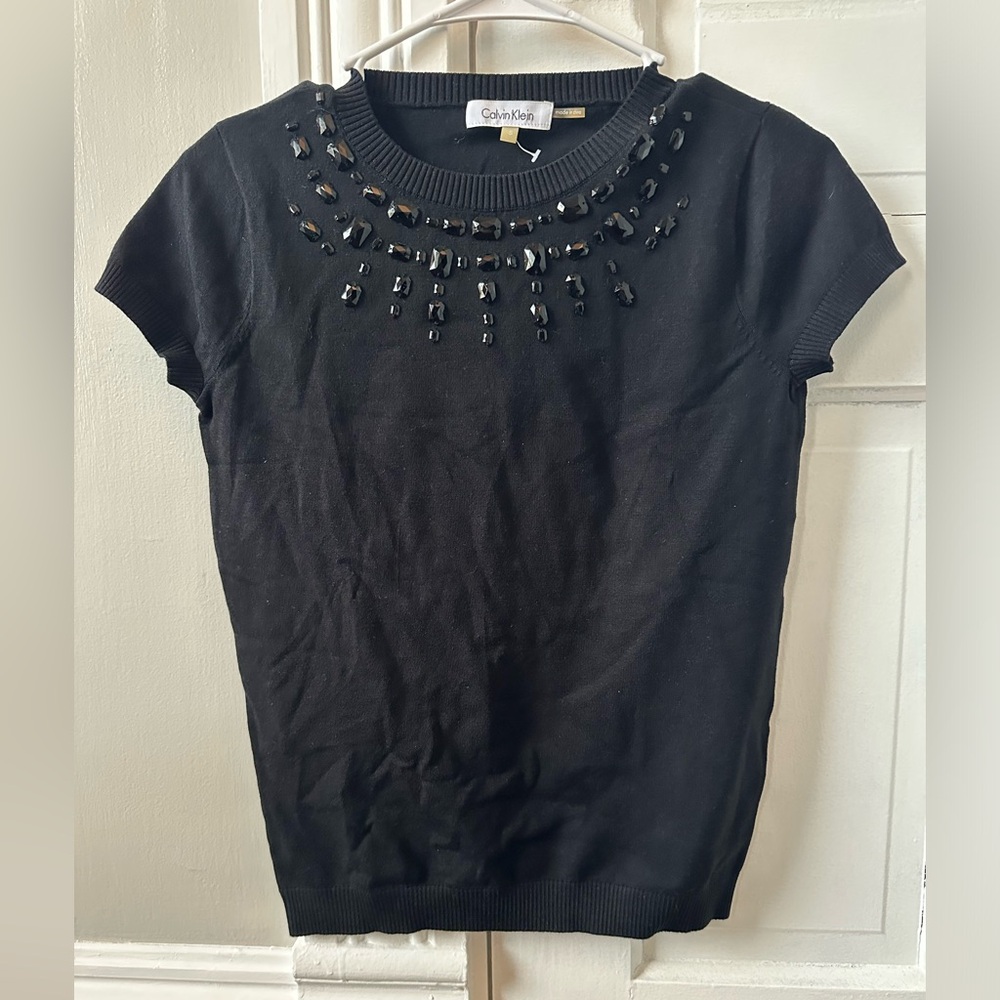 Calvin Klein Black Short Sleeve Jewel Neck Knit Top